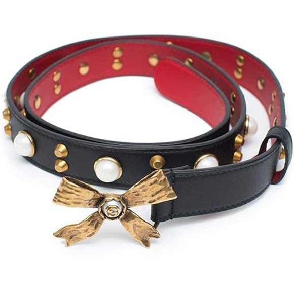 Gucci Studded Leather Belt Metal Bow Hibiscus Red Black Belt Moon Pearl NEW main image 5